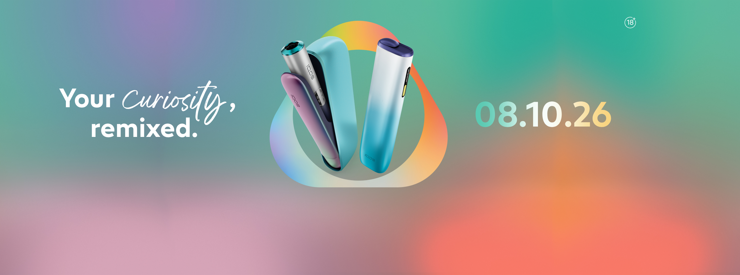Close-up of IQOS heated tobacco devices in metallic blue, silver, and purple finishes displayed against a vibrant gradient background, showcasing sleek smoke-free tobacco technology and premium tobacco heating products.